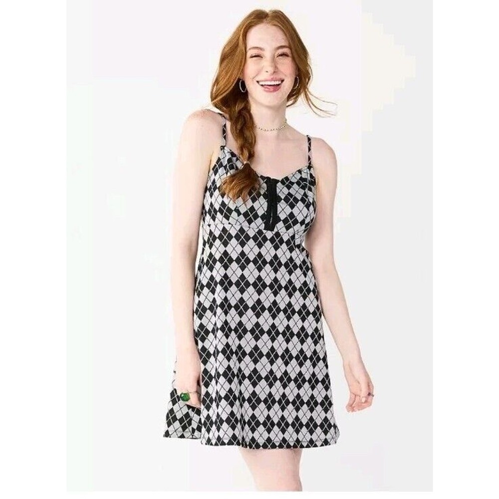 SO Juniors Dress Plus Size 2X Hook Eye Mini Black Gray Argyle Y2K Stretch 5366